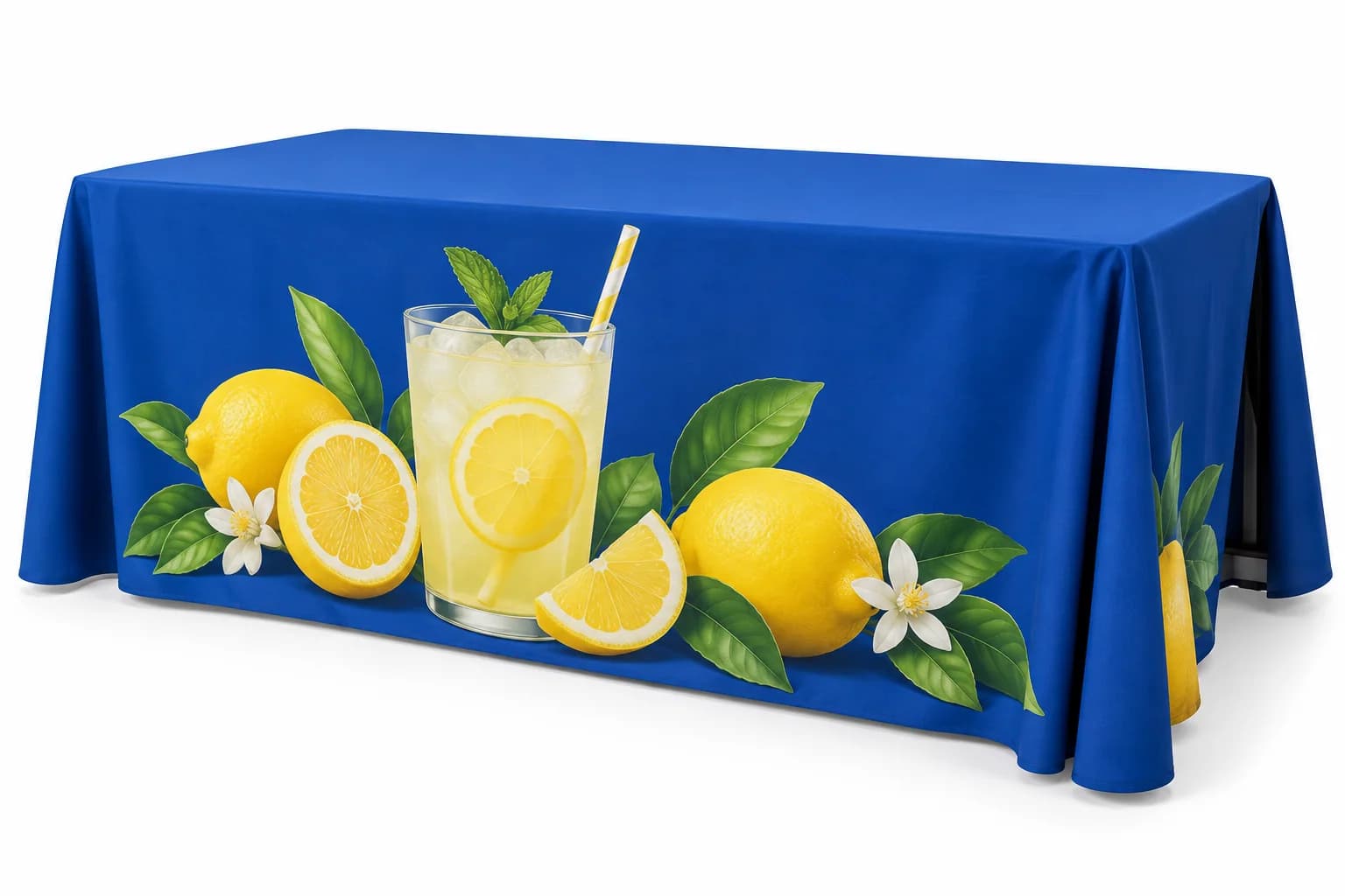 Custom printed six-foot draped table cover for an event display