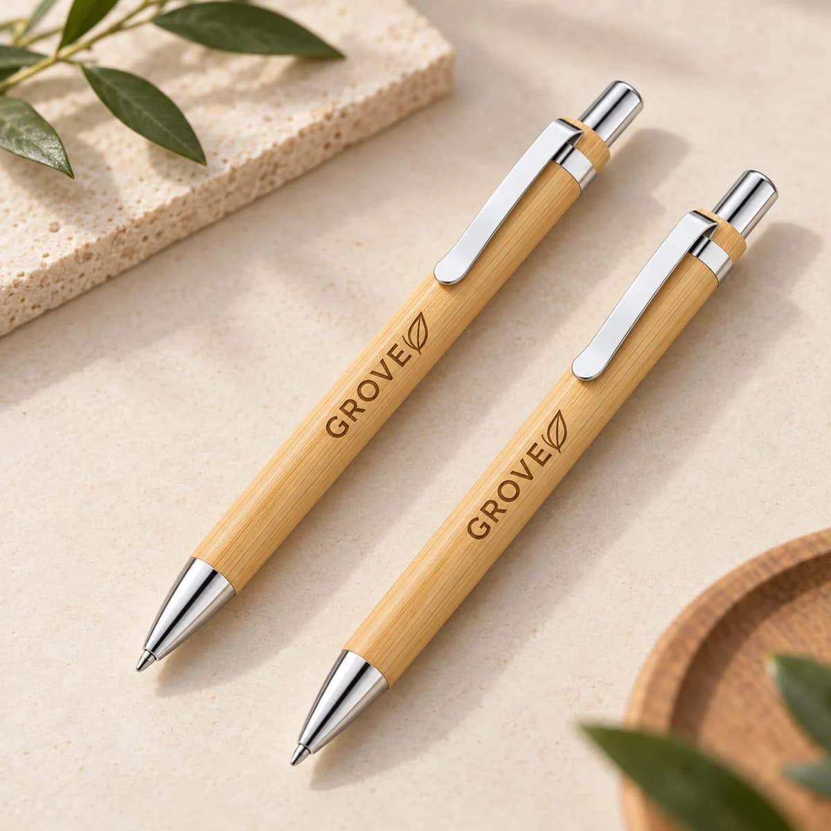 Natural bamboo pens with silver hardware and dark business logo engraving