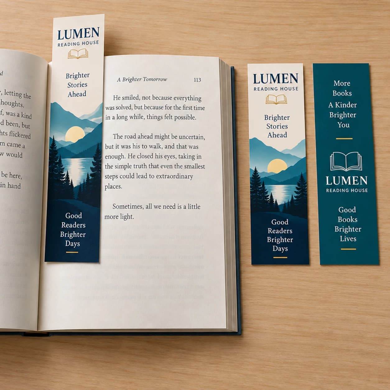 Custom printed bookmark marking a page in an open book beside branded front and back samples