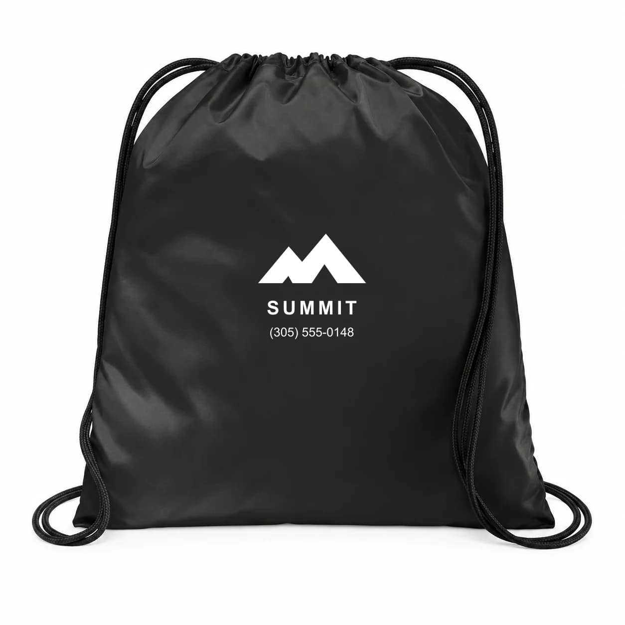 Mochila negro con ejemplo de logo y teléfono ficticios en el área frontal de 7 × 6 pulgadas