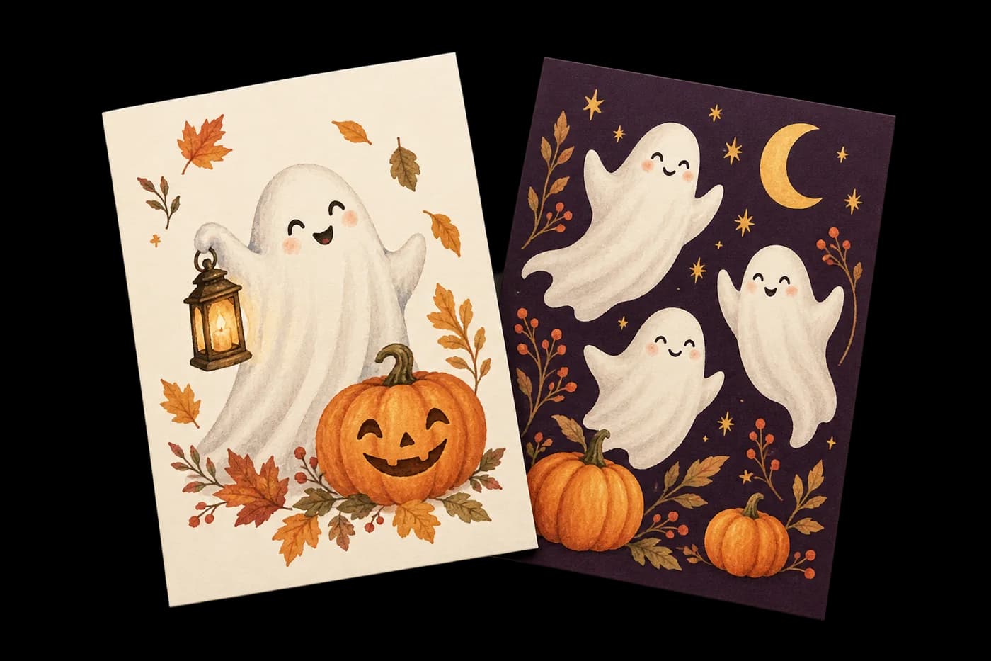 Postales planas de Halloween con ilustraciones de fantasmas y calabazas para invitaciones y notas a clientes