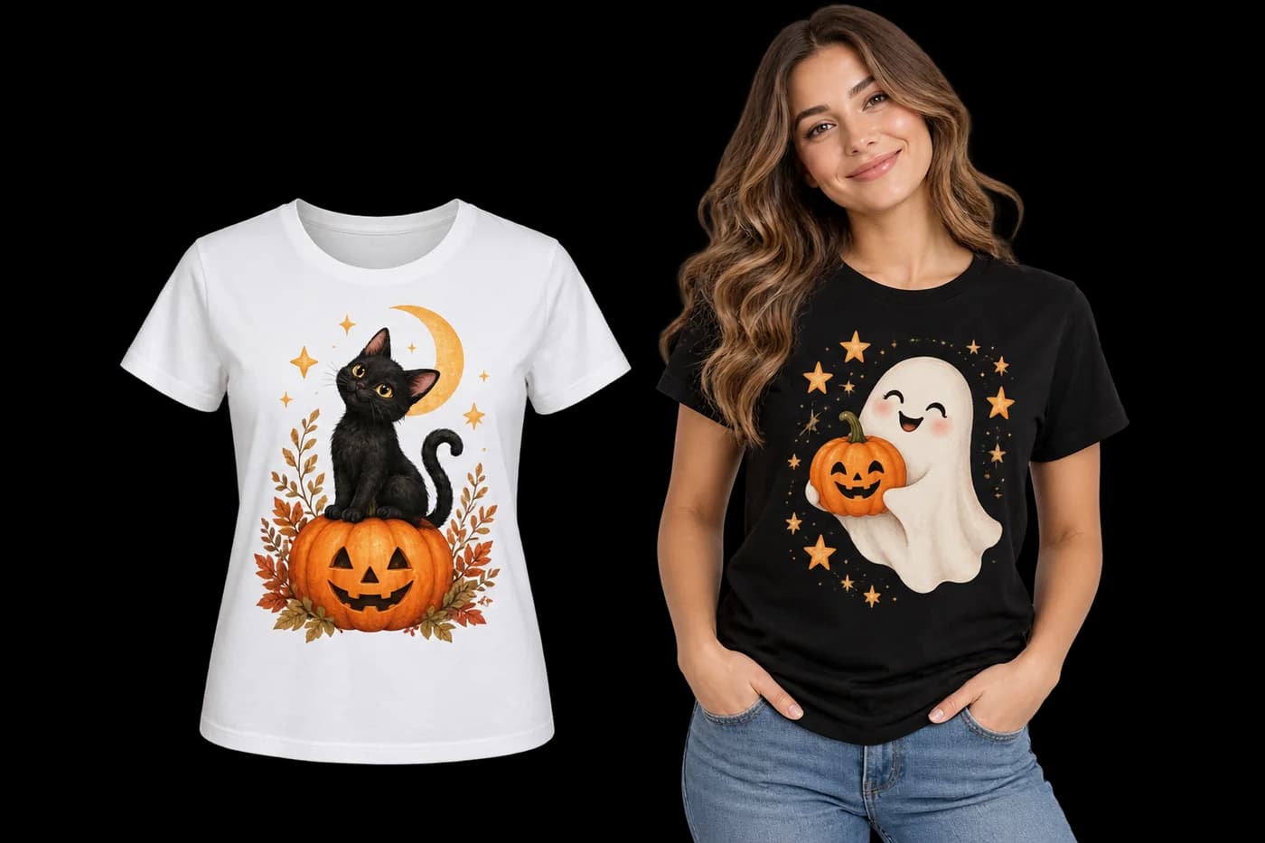 Black and white cotton T-shirts with illustrative ghost and pumpkin designs for Halloween
