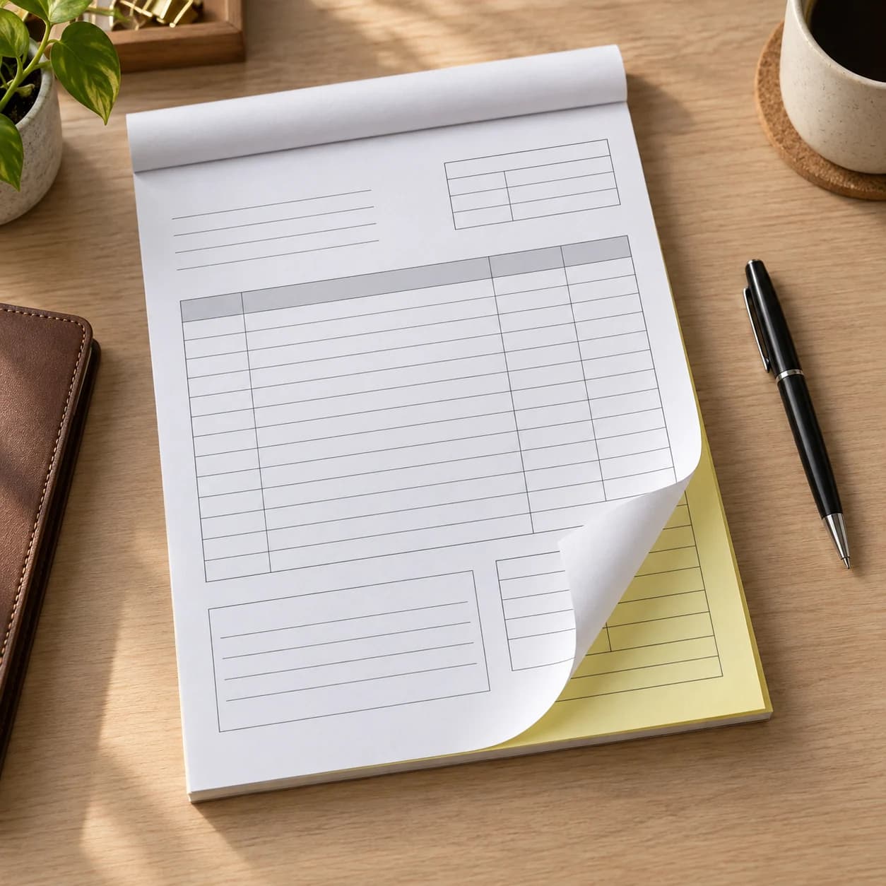 White and yellow sheets of a top-glued NCR carbonless form pad