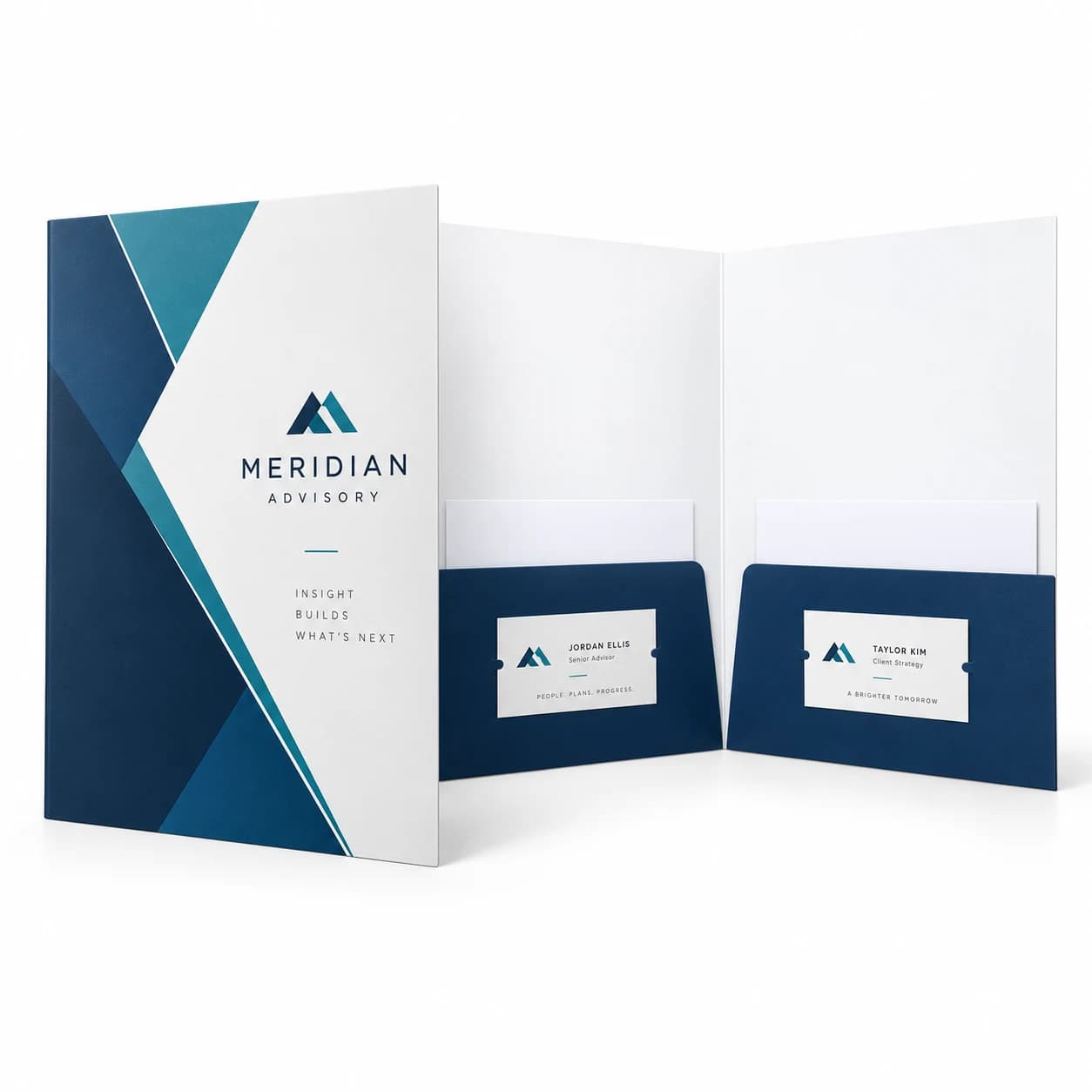 Branded presentation folder with white interior and two solid-color pockets, each with horizontal business card holders