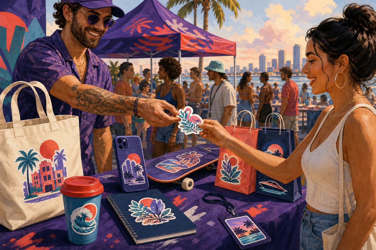 Entrega ilustrada de stickers en un evento local de Miami