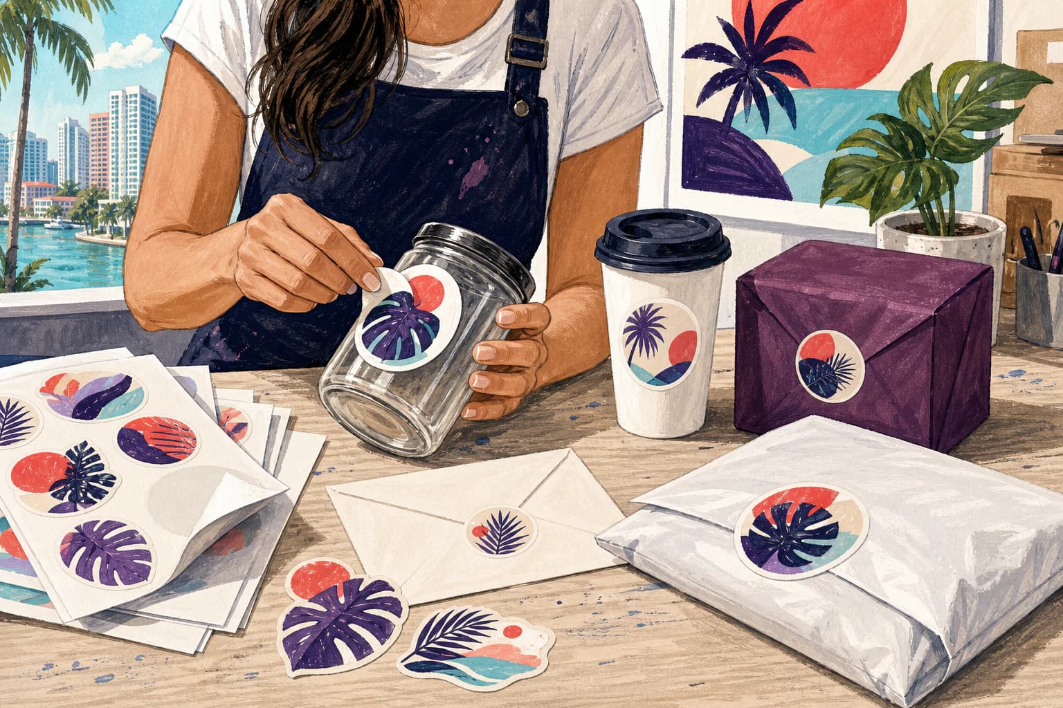 Illustrated packing table with sticker sheets applied to jars, cups, boxes, and mailers