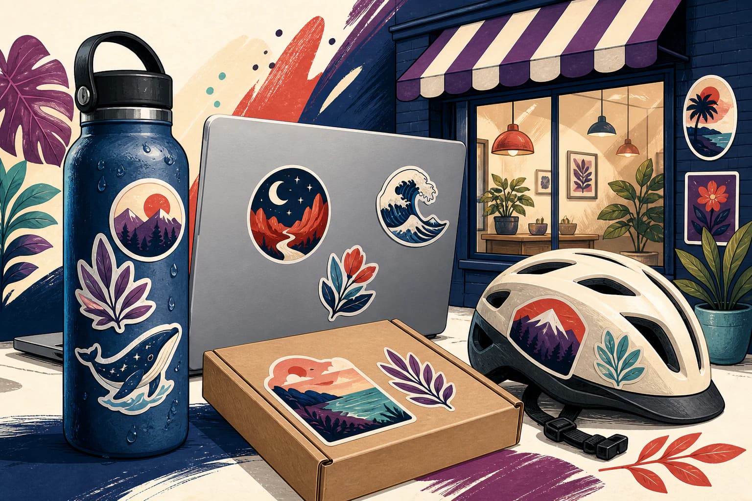 Illustrated bottle, laptop, helmet, package, and storefront with custom stickers