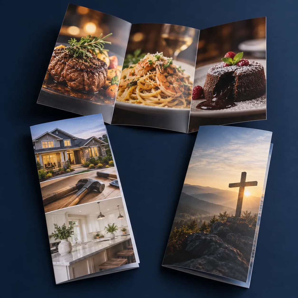 Tri-fold brochure marketing examples for restaurants, businesses and churches