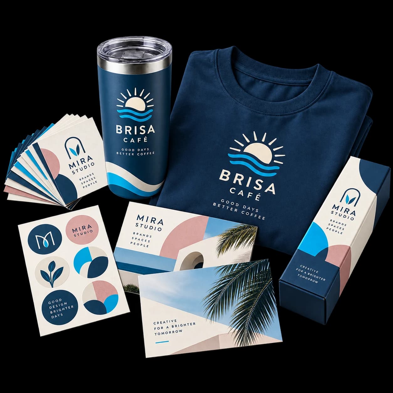 Apparel, tumbler, cards and stickers with sample Brisa Café and Mira Studio branding