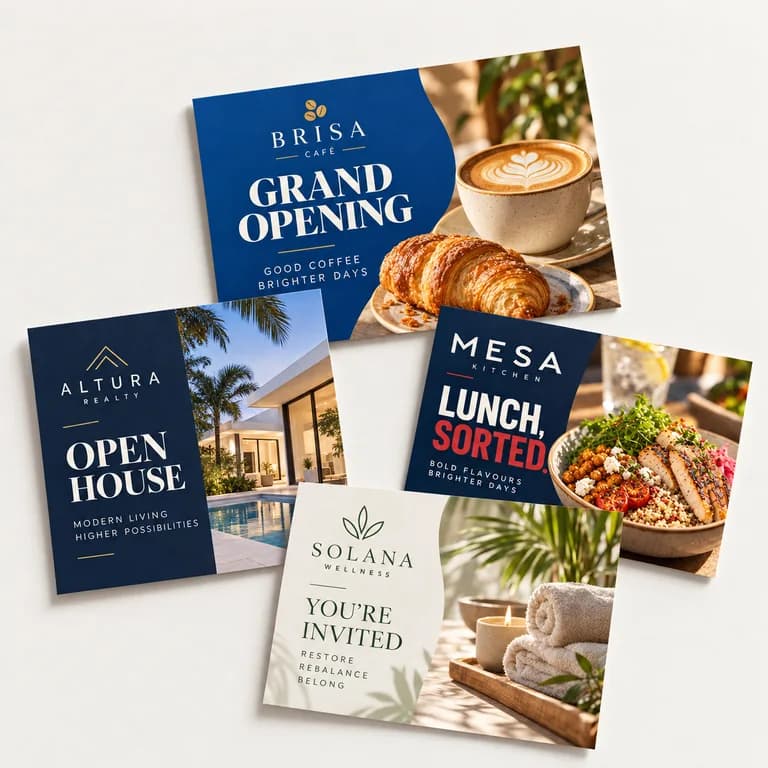 Branded Brisa Café, Mesa Kitchen, Solana Wellness and Altura Realty postcards