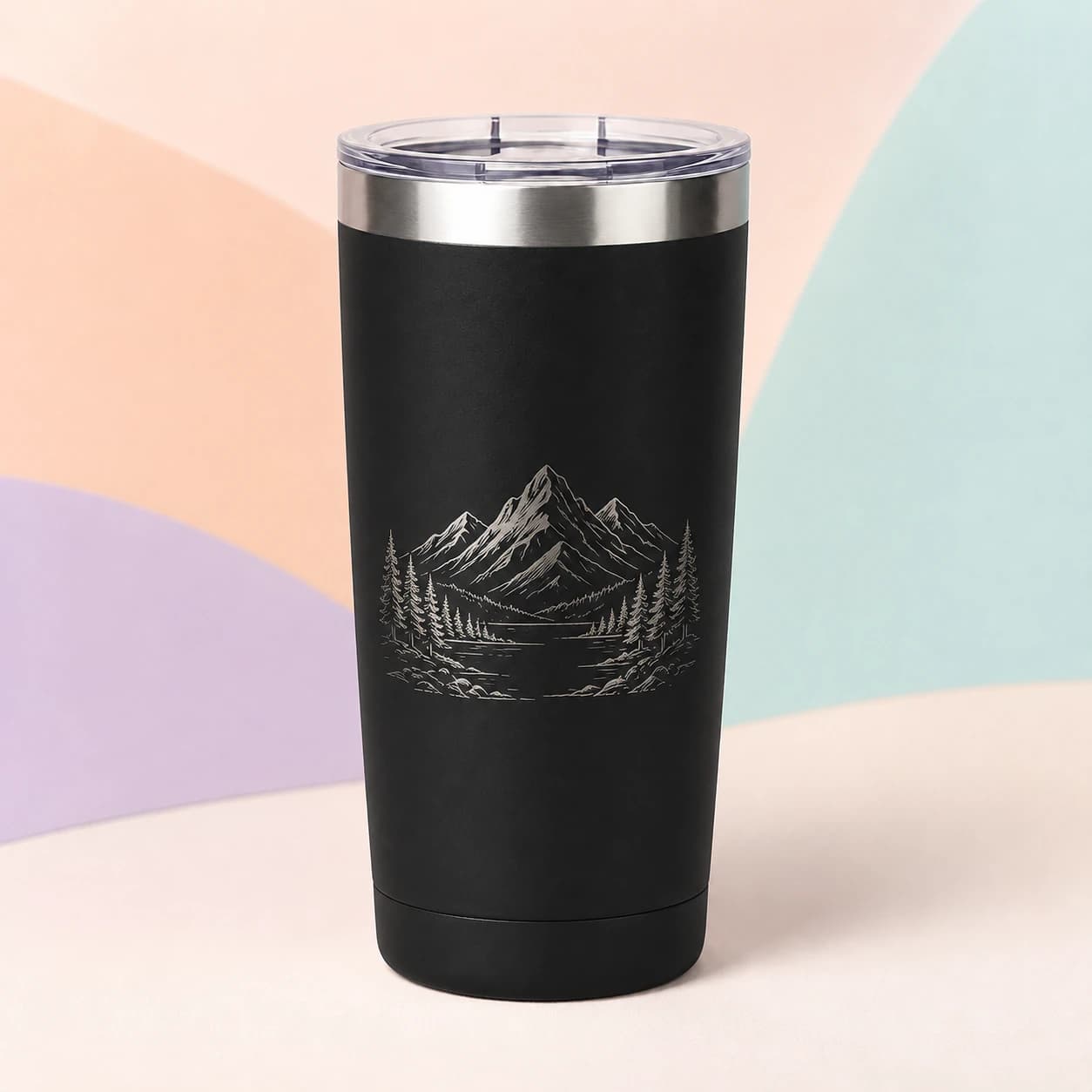 Black 20 oz stainless steel tumbler with silver laser engraving preview
