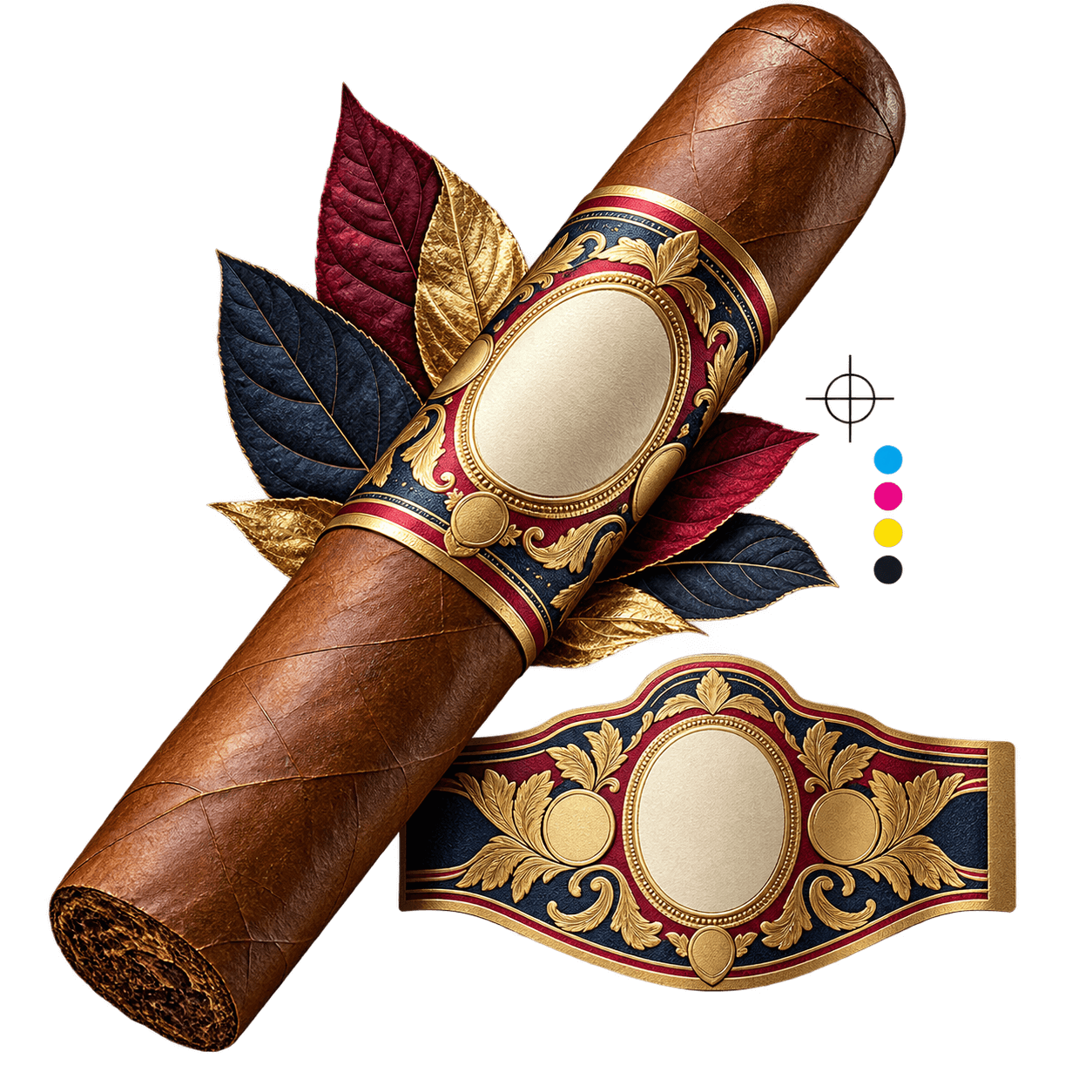 Premium cigar with a custom blank band and print registration details